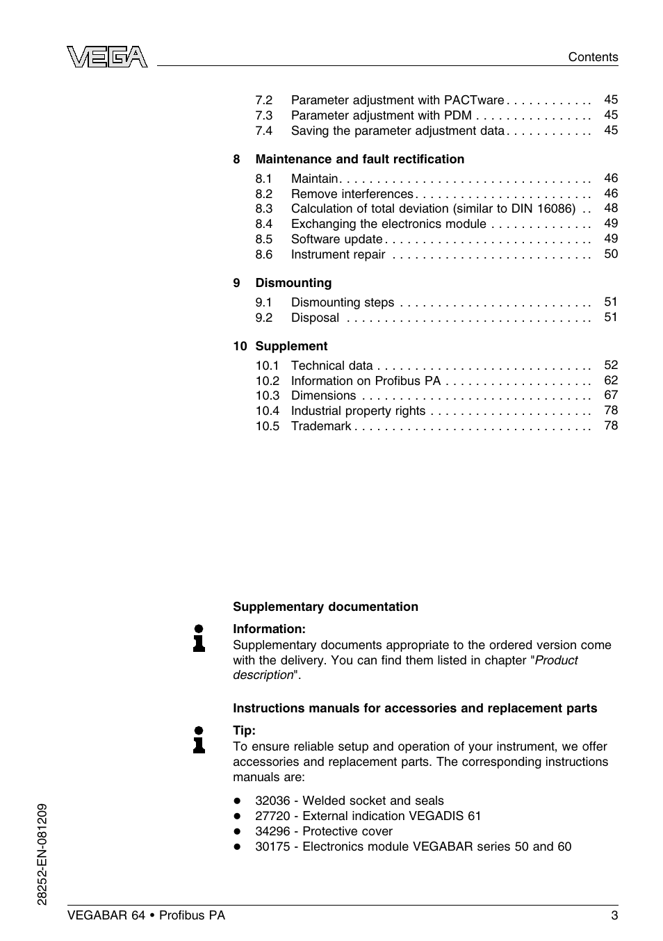 VEGA VEGABAR 64 Proﬁbus PA User Manual | Page 3 / 80