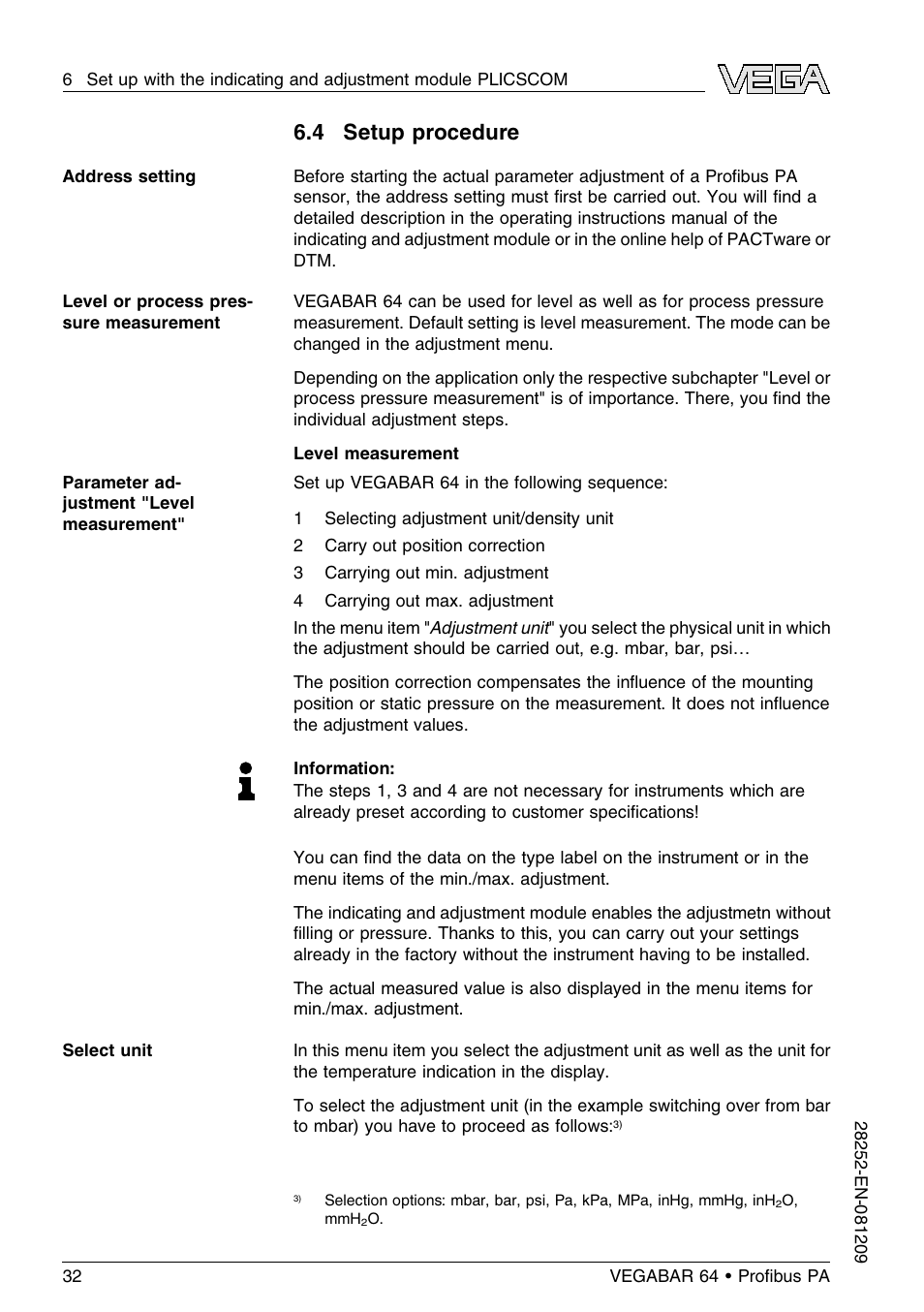 4 setup procedure | VEGA VEGABAR 64 Proﬁbus PA User Manual | Page 32 / 80