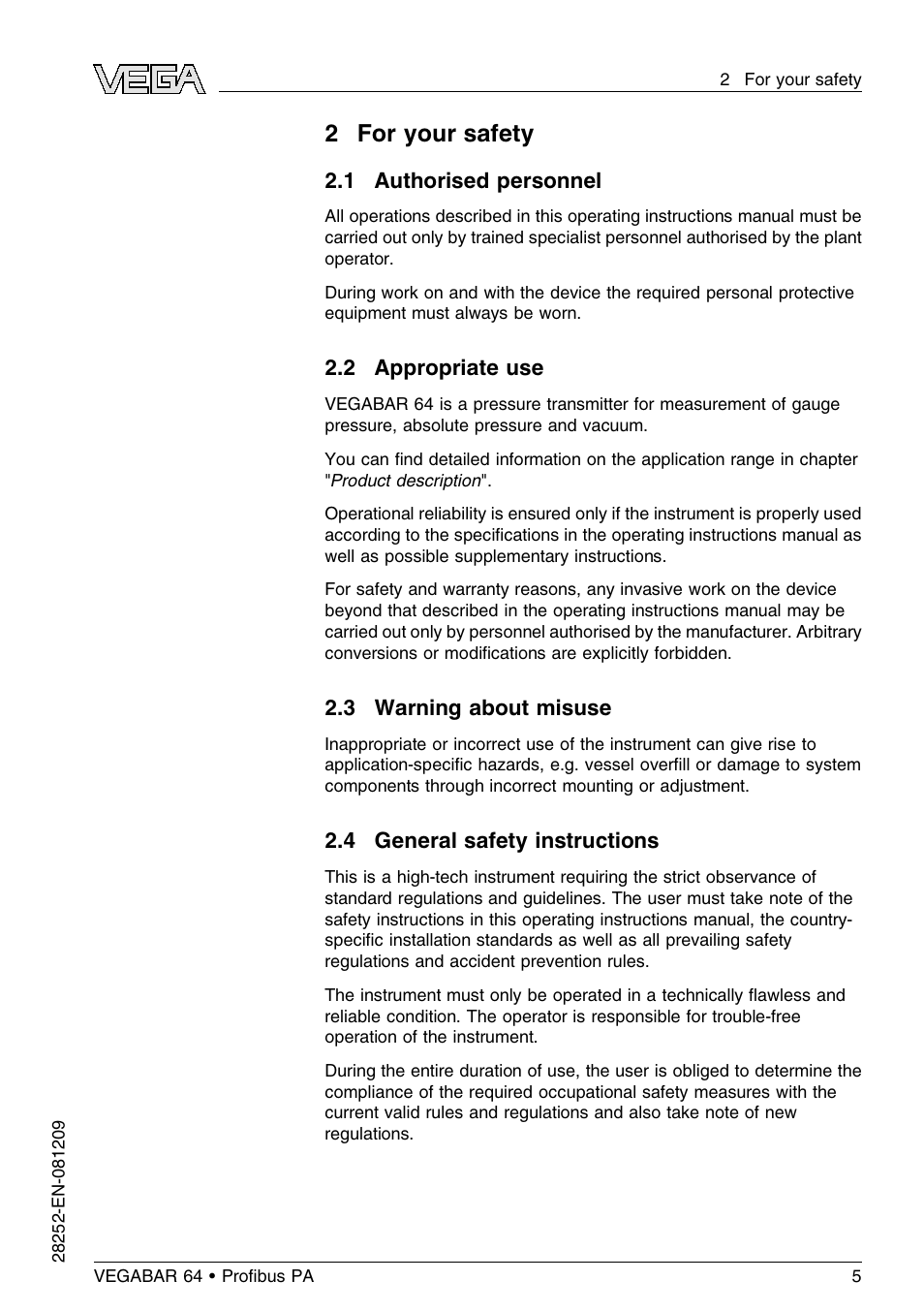 2 for your safety, 1 authorised personnel, 2 appropriate use | 3 warning about misuse, 4 general safety instructions | VEGA VEGABAR 64 Proﬁbus PA User Manual | Page 5 / 80