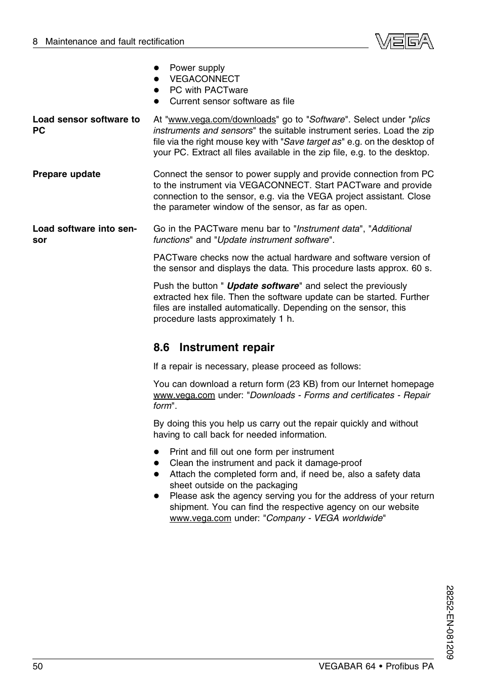 6 instrument repair | VEGA VEGABAR 64 Proﬁbus PA User Manual | Page 50 / 80