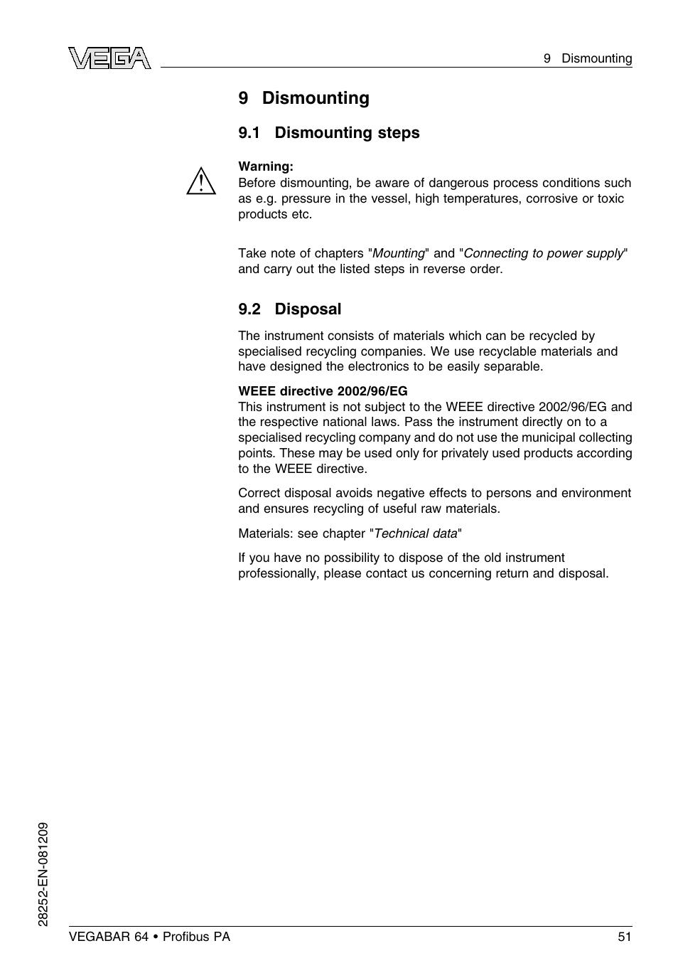 9 dismounting, 1 dismounting steps, 2 disposal | VEGA VEGABAR 64 Proﬁbus PA User Manual | Page 51 / 80
