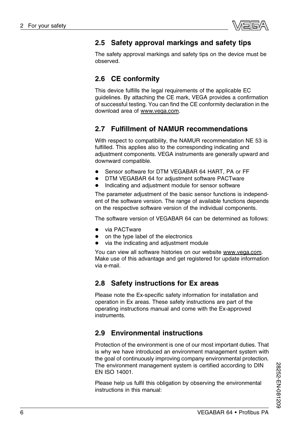 5 safety approval markings and safety tips, 6 ce conformity, 7 fulfillment of namur recommendations | 8 safety instructions for ex areas, 9 environmental instructions, 7 fulﬁllment of namur recommendations | VEGA VEGABAR 64 Proﬁbus PA User Manual | Page 6 / 80