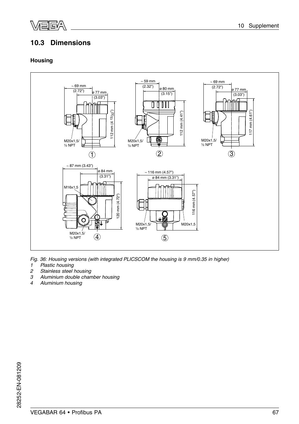 3 dimensions, Housing | VEGA VEGABAR 64 Proﬁbus PA User Manual | Page 67 / 80