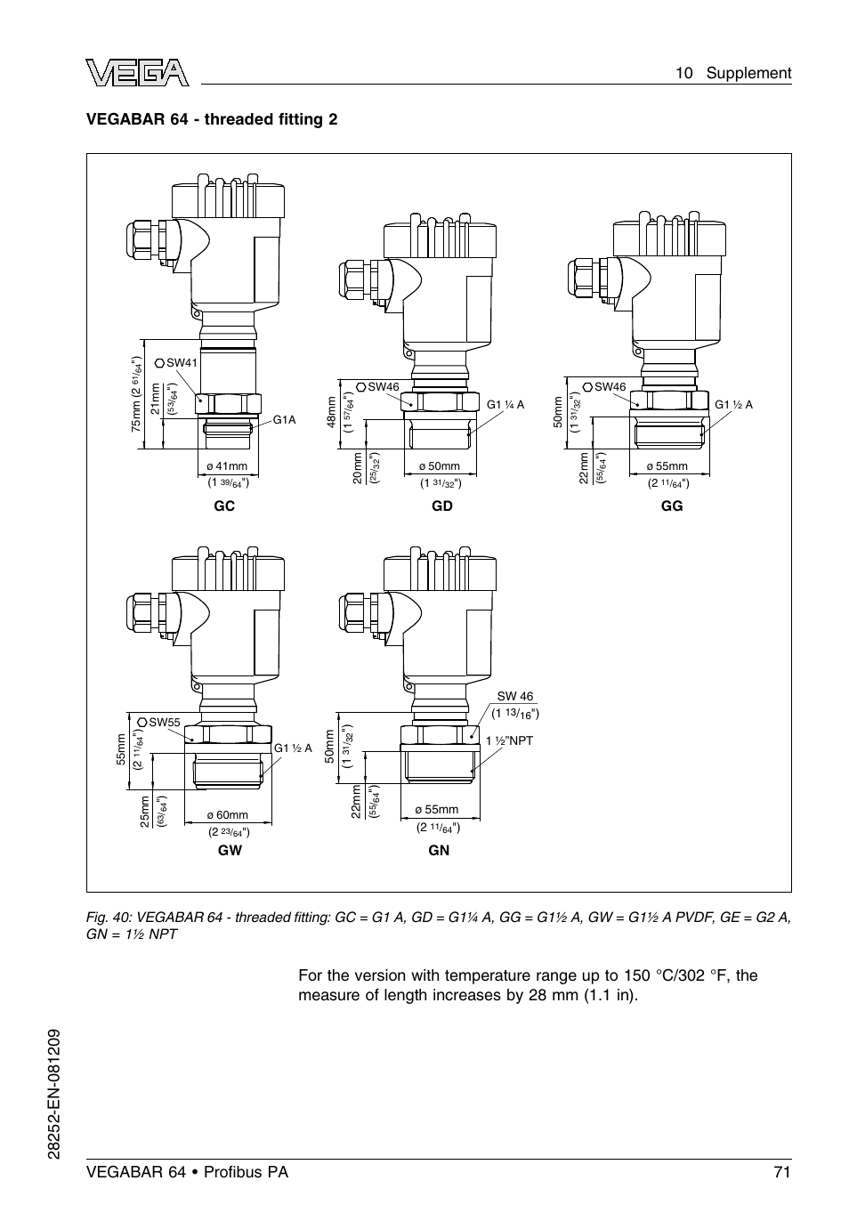 Vegabar 64 - threaded ﬁtting 2 | VEGA VEGABAR 64 Proﬁbus PA User Manual | Page 71 / 80