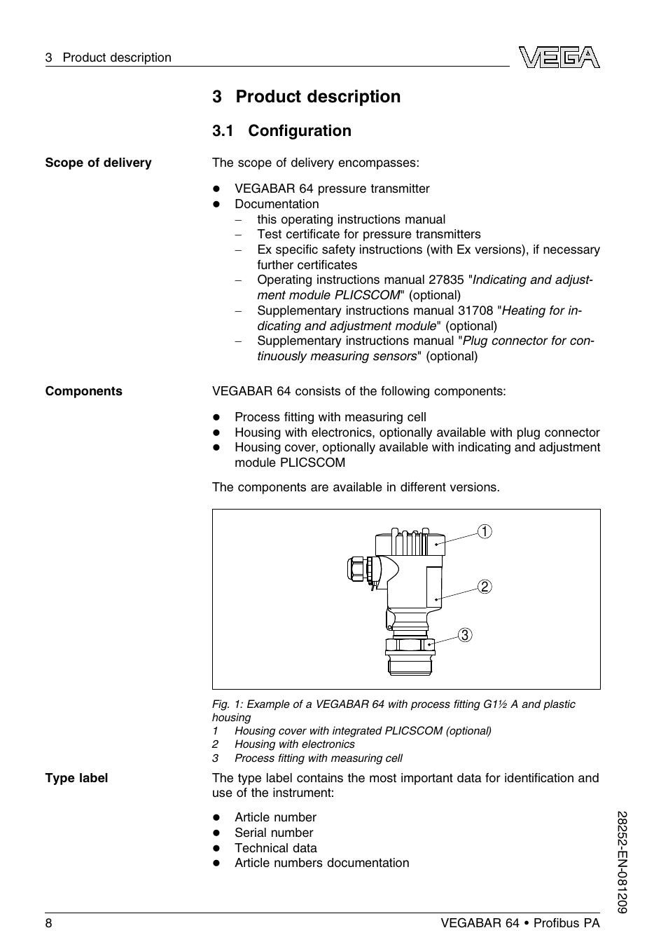 3 product description, 1 configuration, 1 conﬁguration | VEGA VEGABAR 64 Proﬁbus PA User Manual | Page 8 / 80