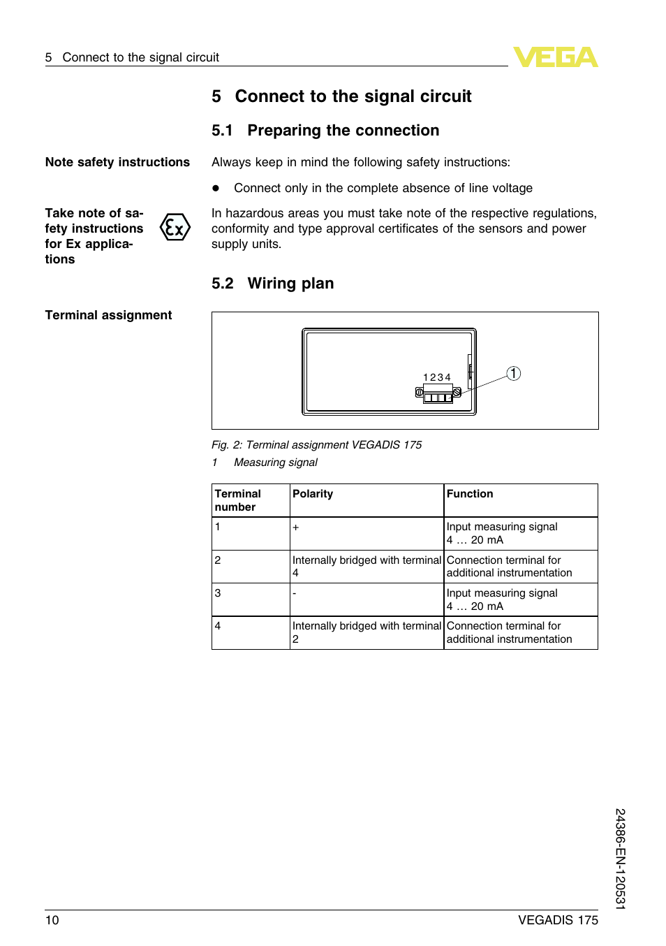 5 connect to the signal circuit, 1 preparing the connection, 2 wiring plan | 5connect to the signal circuit | VEGA VEGADIS 175 User Manual | Page 10 / 24