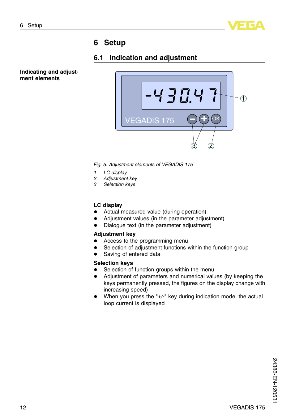 6 setup, 1 indication and adjustment, Vegadis 175 | 6setup | VEGA VEGADIS 175 User Manual | Page 12 / 24