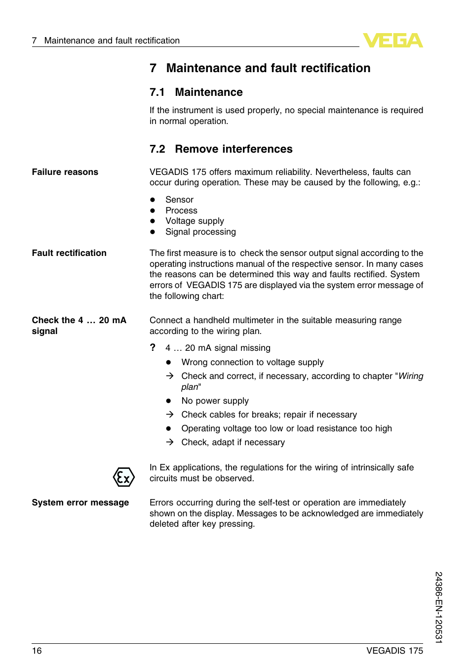 7 maintenance and fault rectification, 1 maintenance, 2 remove interferences | 7maintenance and fault rectiﬁcation | VEGA VEGADIS 175 User Manual | Page 16 / 24