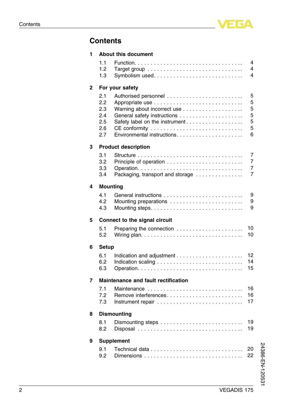 VEGA VEGADIS 175 User Manual | Page 2 / 24