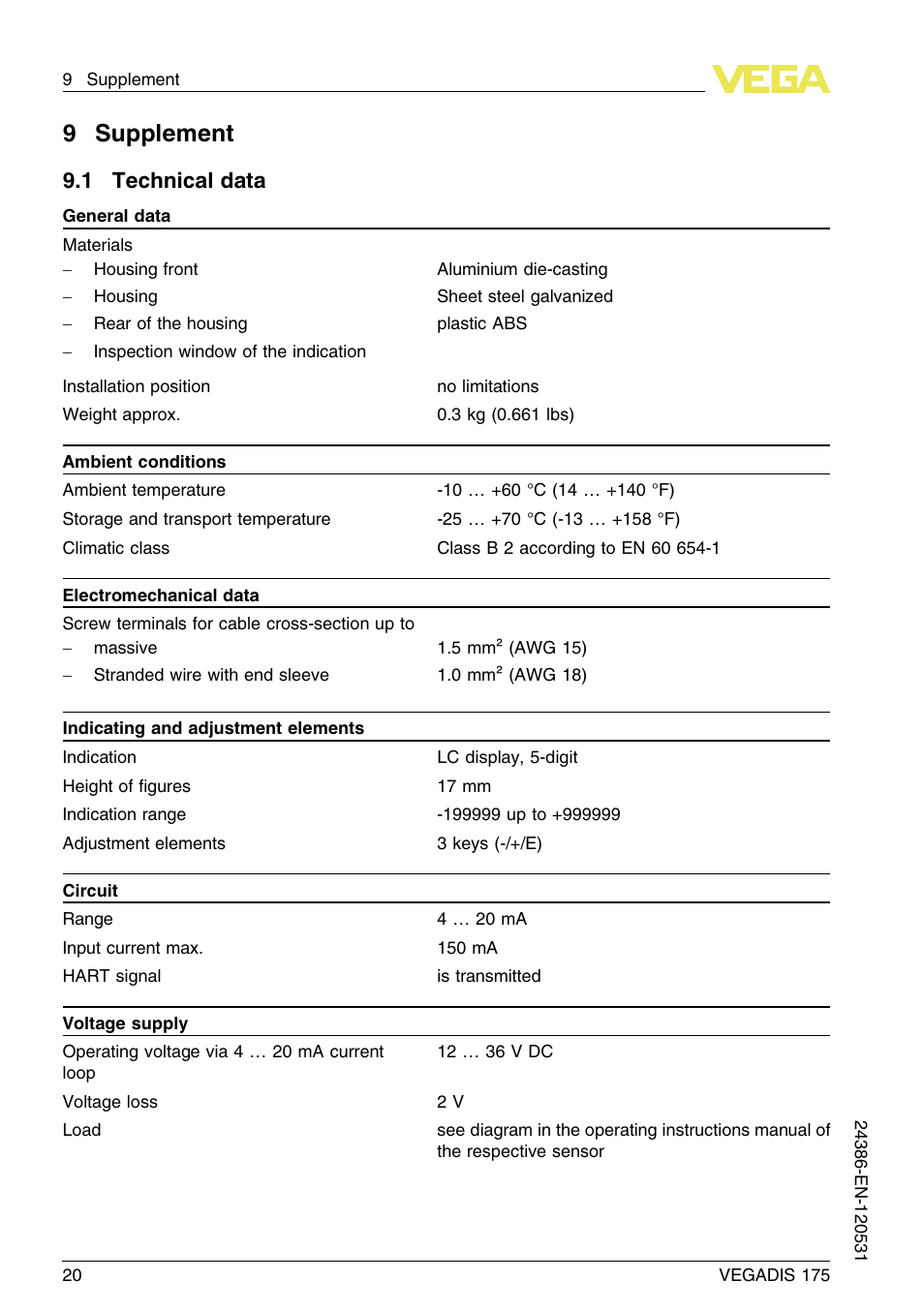9 supplement, 1 technical data, 9supplement | VEGA VEGADIS 175 User Manual | Page 20 / 24