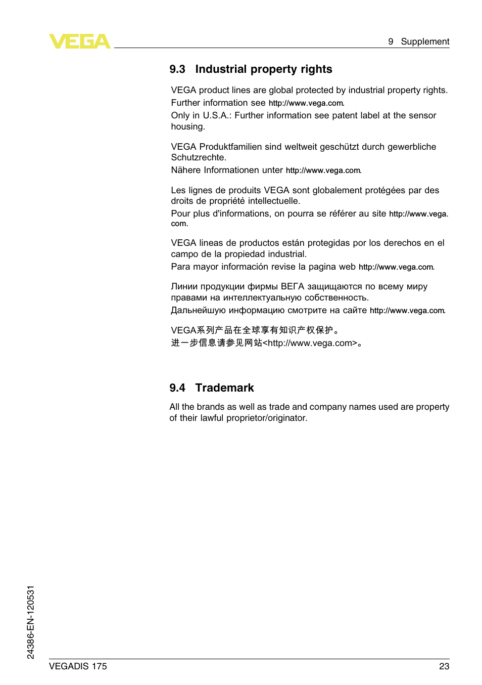 3 industrial property rights, 4 trademark | VEGA VEGADIS 175 User Manual | Page 23 / 24