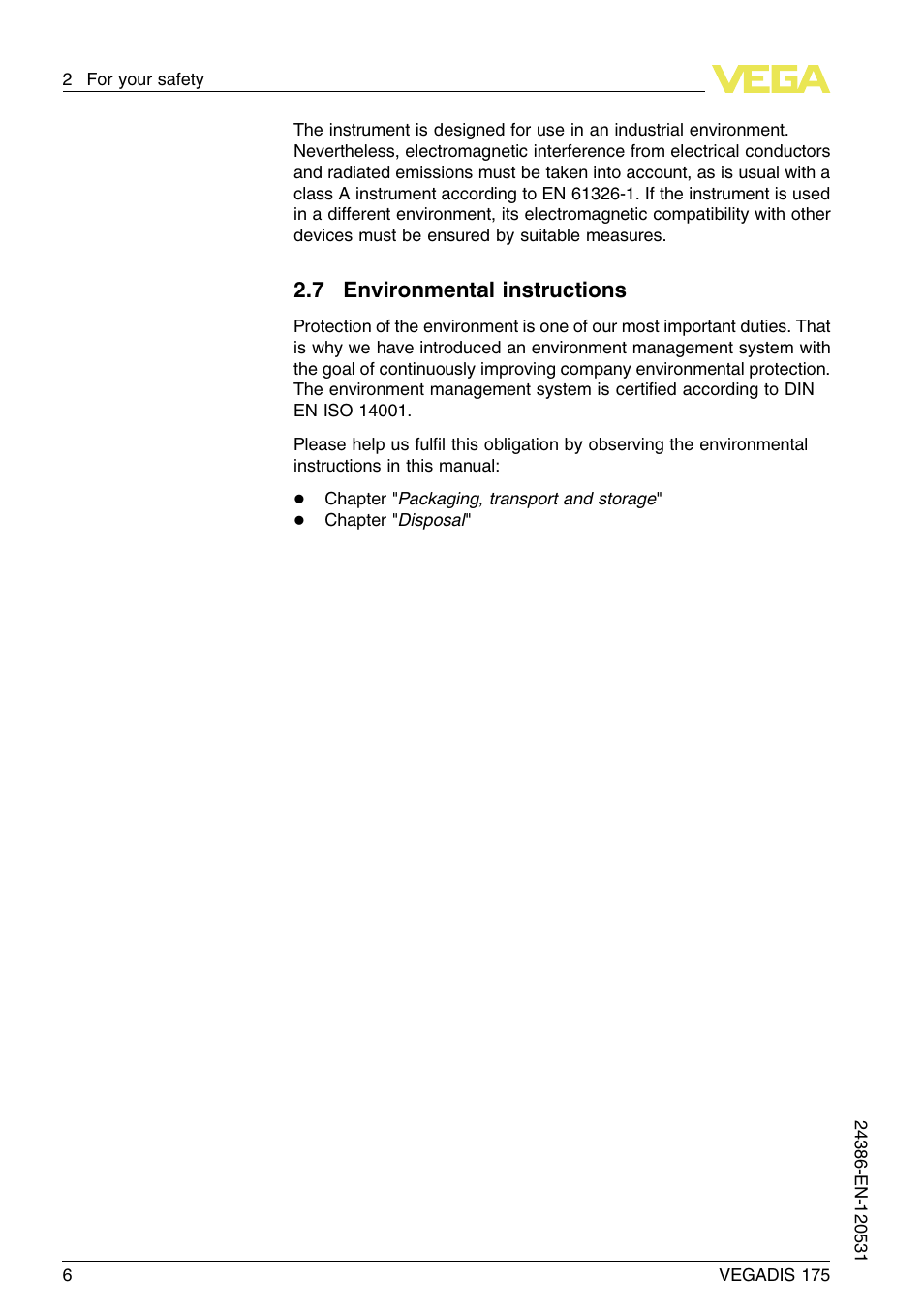 7 environmental instructions | VEGA VEGADIS 175 User Manual | Page 6 / 24