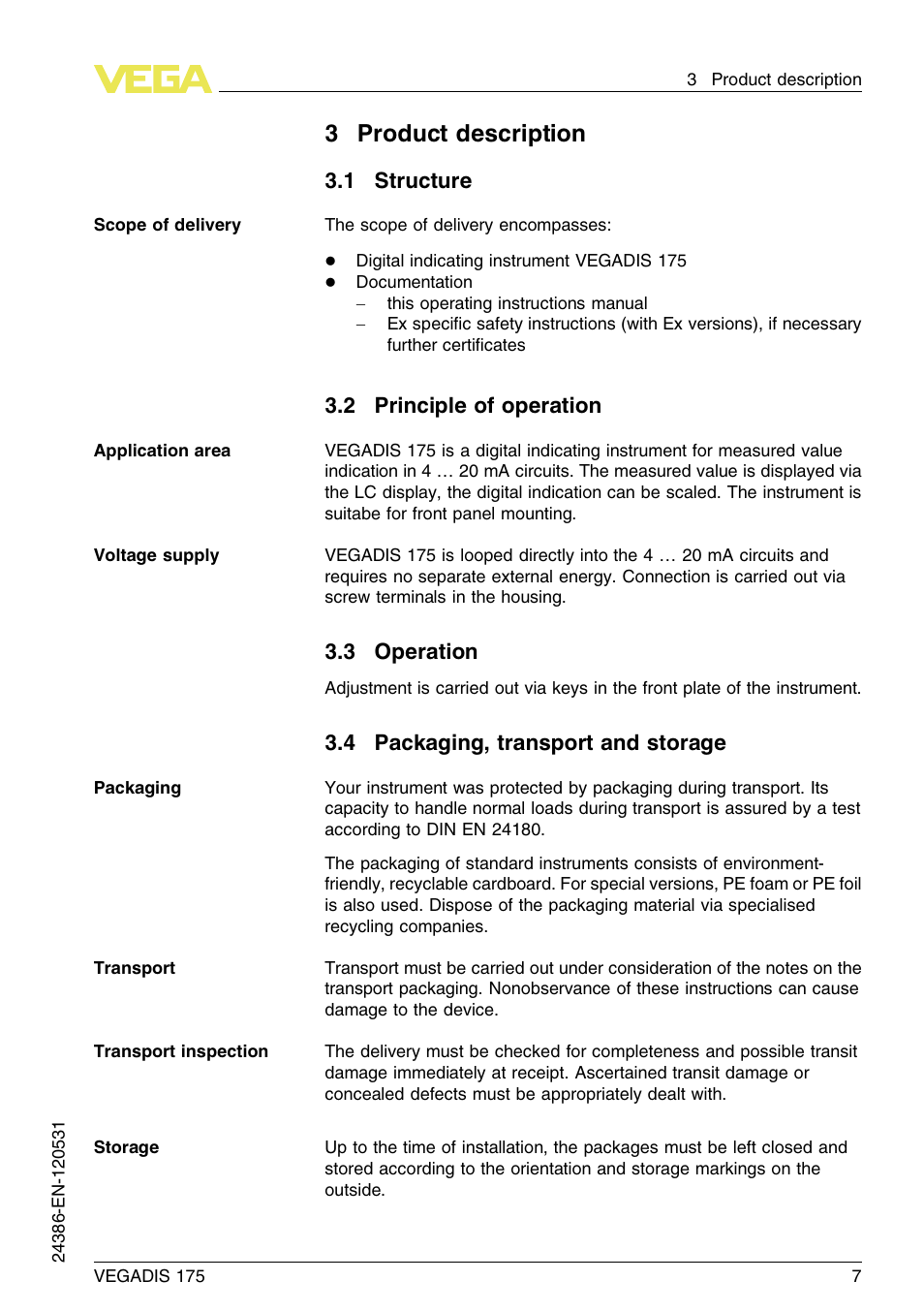 3 product description, 1 structure, 2 principle of operation | 3 operation, 4 packaging, transport and storage, 3product description | VEGA VEGADIS 175 User Manual | Page 7 / 24
