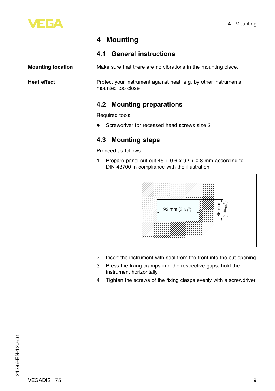 4 mounting, 1 general instructions, 2 mounting preparations | 3 mounting steps, 4mounting | VEGA VEGADIS 175 User Manual | Page 9 / 24