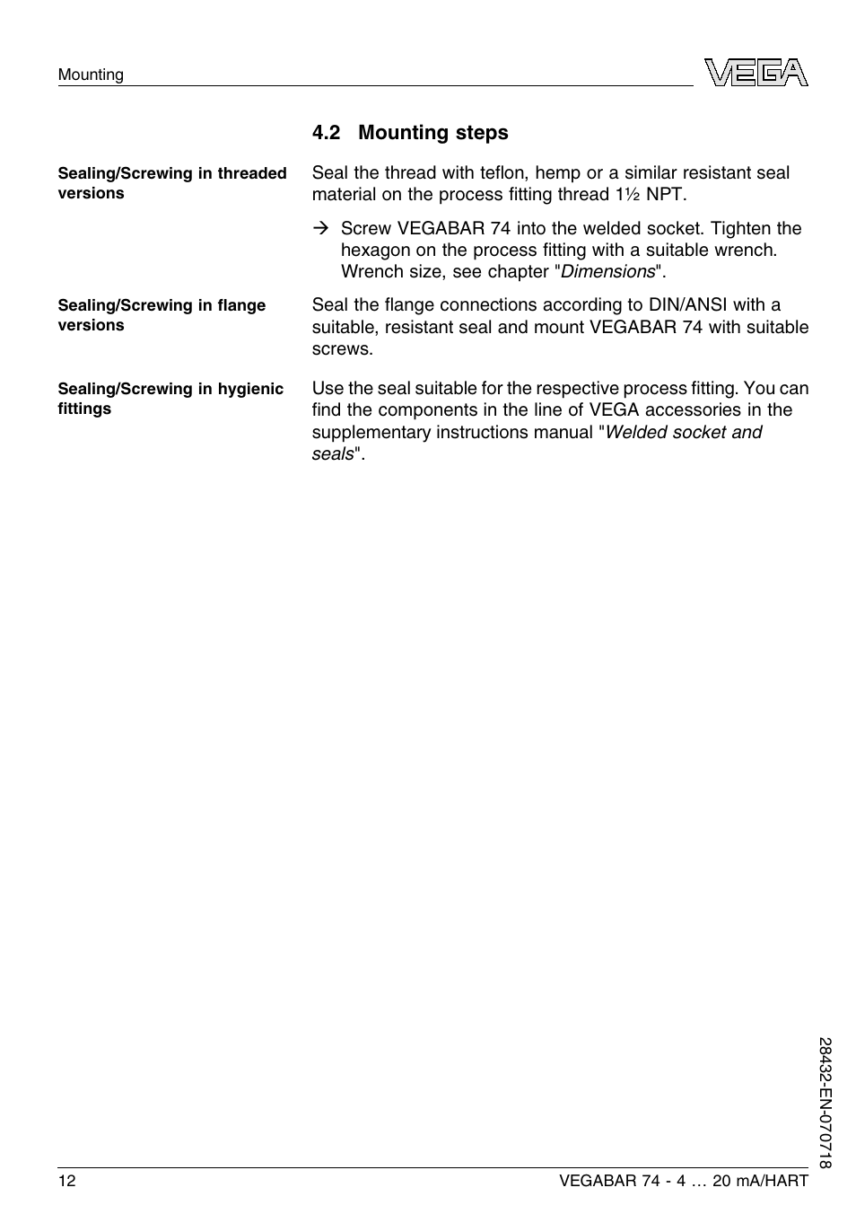 2 mounting steps | VEGA VEGABAR 74 4 … 20 mA_HART User Manual | Page 12 / 44