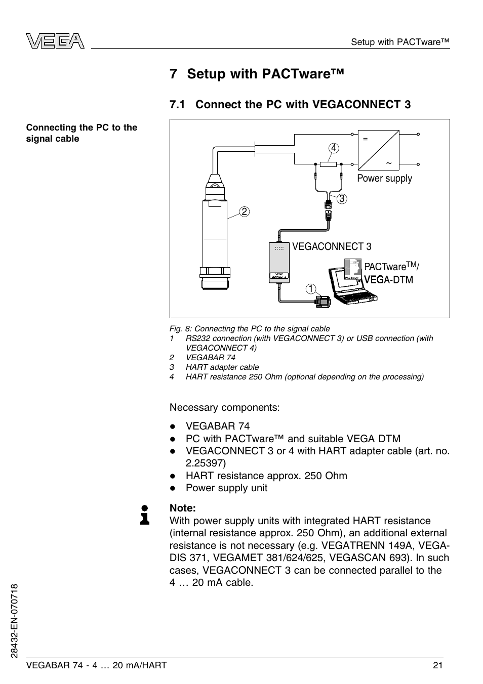 7 setup with pactware, 1 connect the pc with vegaconnect 3, 7 s etup with pactware | VEGA VEGABAR 74 4 … 20 mA_HART User Manual | Page 21 / 44