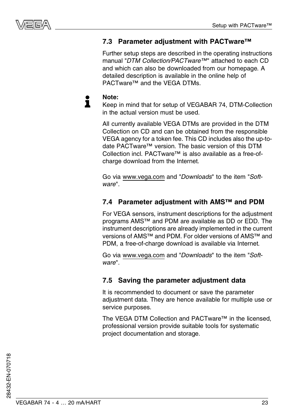 3 parameter adjustment with pactware, 4 parameter adjustment with ams™ and pdm, 5 saving the parameter adjustment data | VEGA VEGABAR 74 4 … 20 mA_HART User Manual | Page 23 / 44