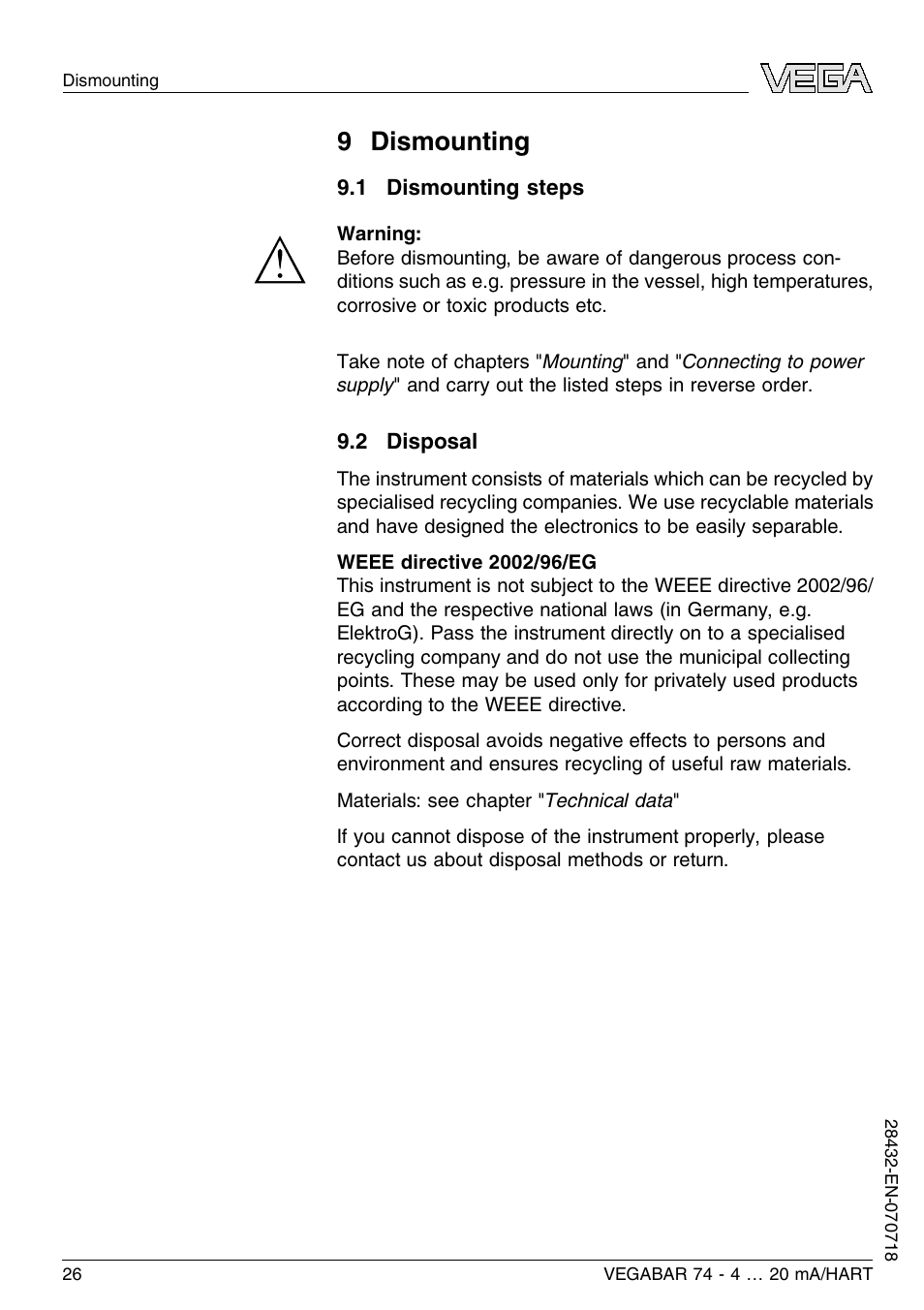 9 dismounting, 1 dismounting steps, 2 disposal | 9 d ismounting | VEGA VEGABAR 74 4 … 20 mA_HART User Manual | Page 26 / 44