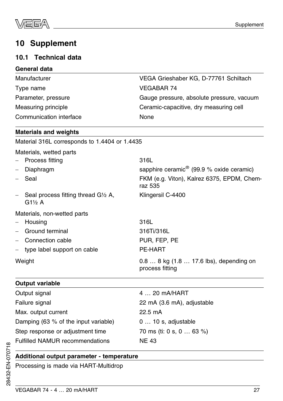 10 supplement, 1 technical data, 10 s upplement | VEGA VEGABAR 74 4 … 20 mA_HART User Manual | Page 27 / 44