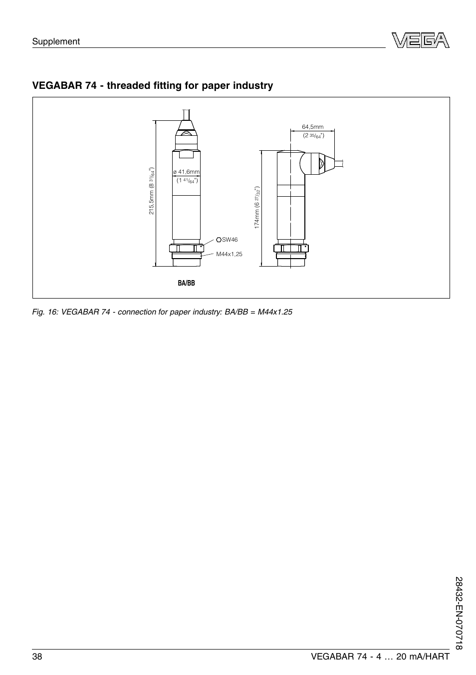 Vegabar 74 - threaded ﬁtting for paper industry | VEGA VEGABAR 74 4 … 20 mA_HART User Manual | Page 38 / 44