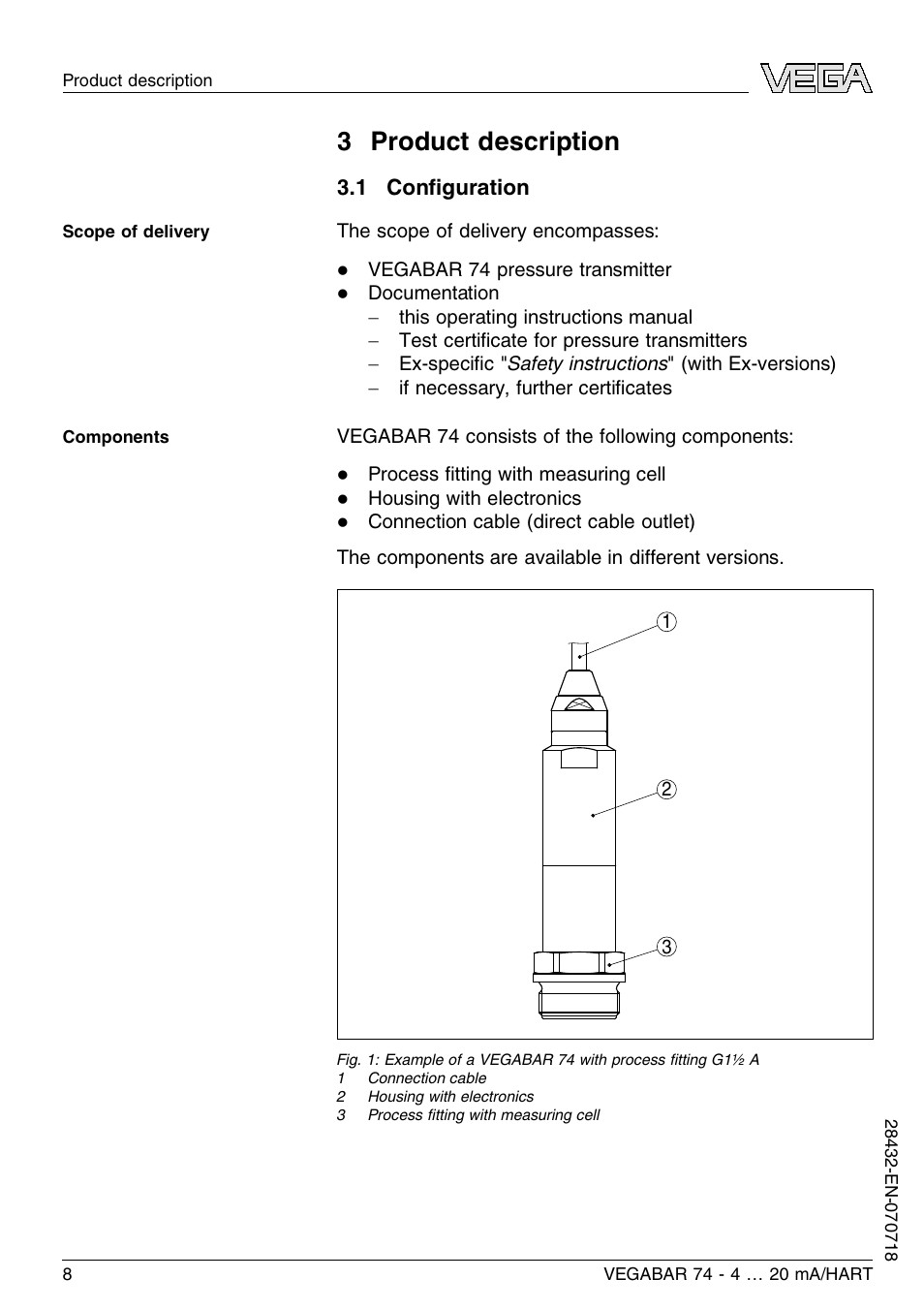 3 product description, 1 configuration, 3 p roduct description | VEGA VEGABAR 74 4 … 20 mA_HART User Manual | Page 8 / 44