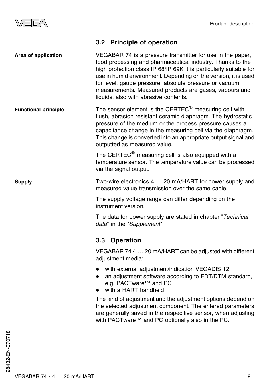 2 principle of operation, 3 operation | VEGA VEGABAR 74 4 … 20 mA_HART User Manual | Page 9 / 44