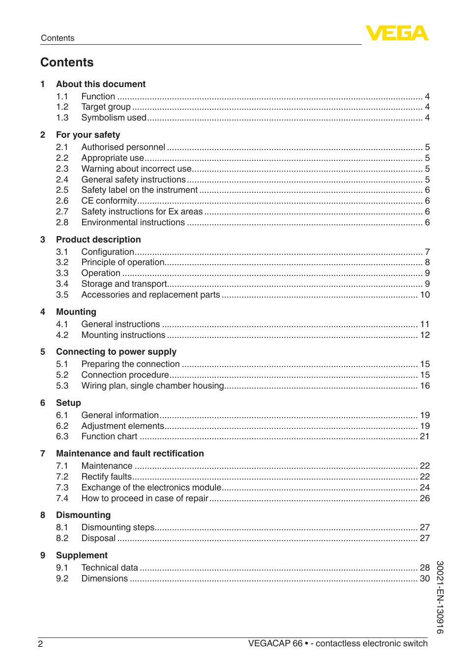 VEGA VEGACAP 66 - contactless electronic switch User Manual | Page 2 / 36