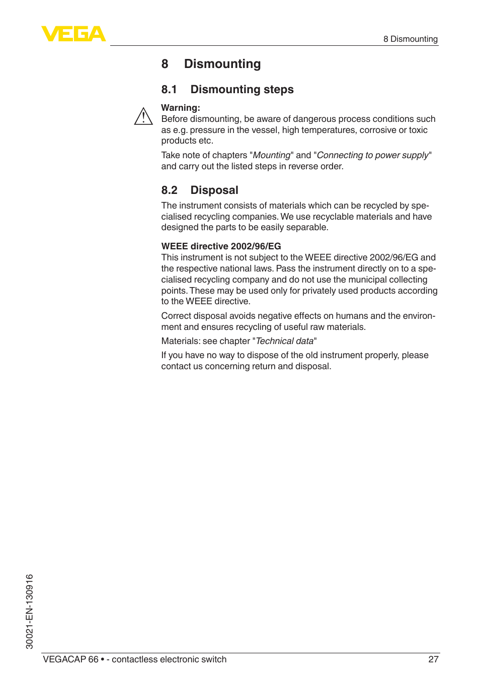 8 dismounting, 1 dismounting steps, 2 disposal | VEGA VEGACAP 66 - contactless electronic switch User Manual | Page 27 / 36