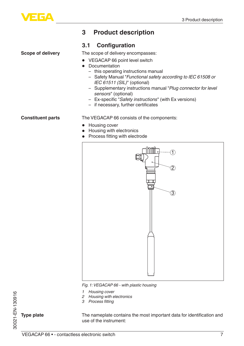 3 product description, 1 configuration | VEGA VEGACAP 66 - contactless electronic switch User Manual | Page 7 / 36
