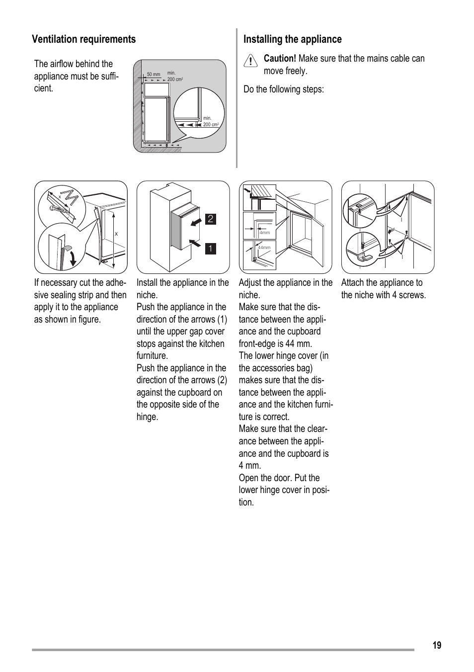 Ventilation requirements, Installing the appliance | ZANKER ZKK 8023 User Manual | Page 19 / 44