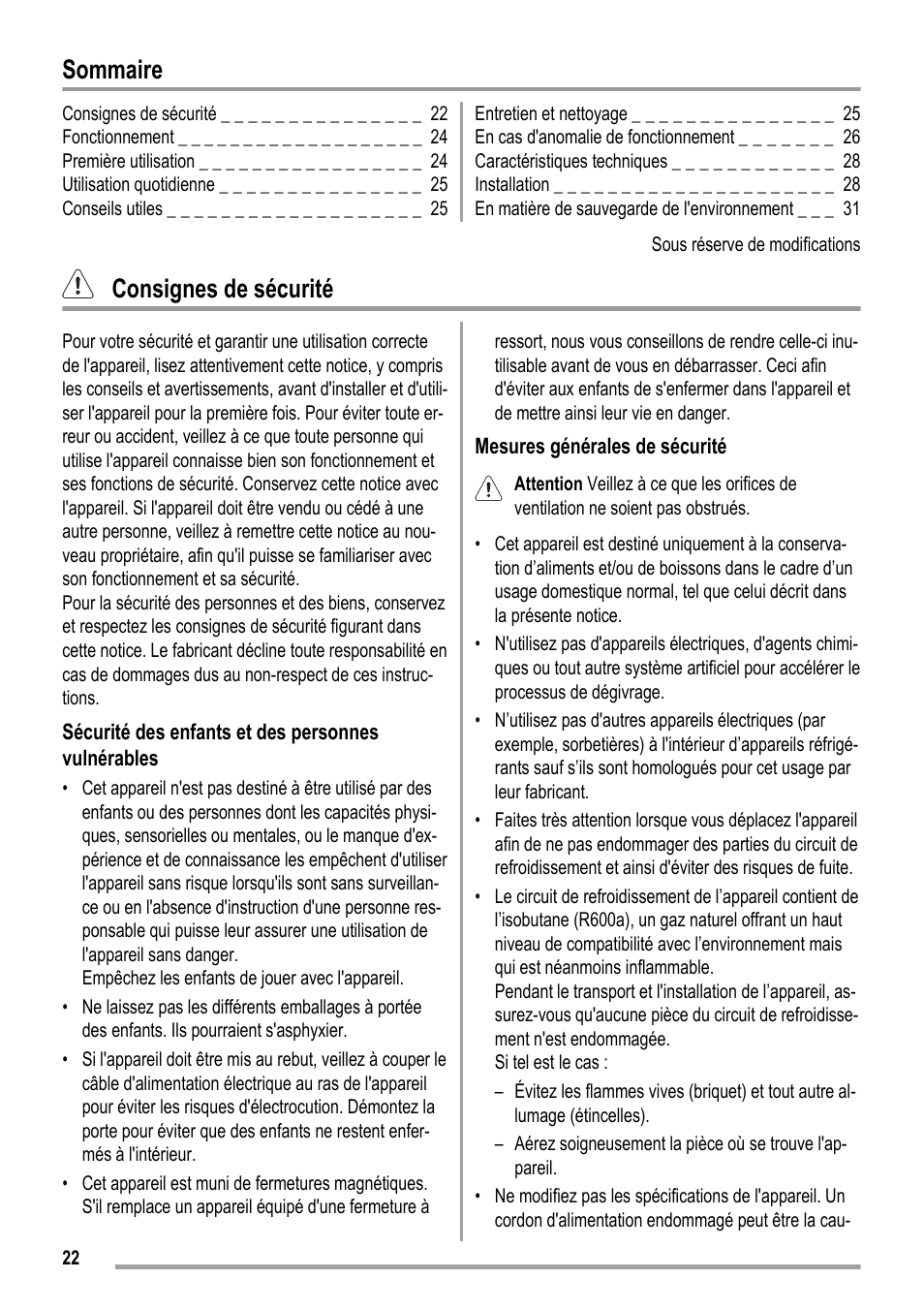 Sommaire, Consignes de sécurité | ZANKER ZKK 8023 User Manual | Page 22 / 44
