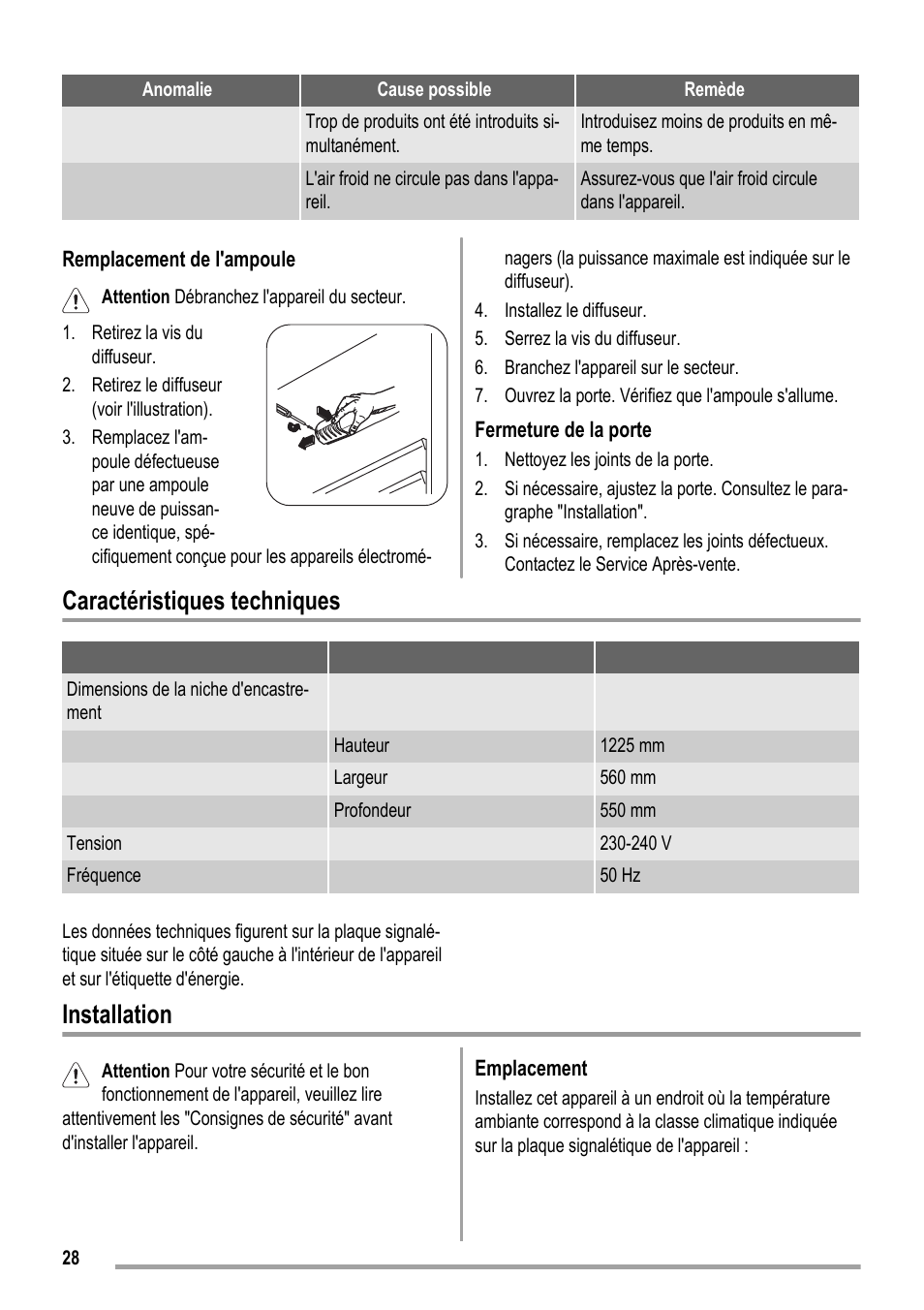 Caractéristiques techniques, Installation | ZANKER ZKK 8023 User Manual | Page 28 / 44