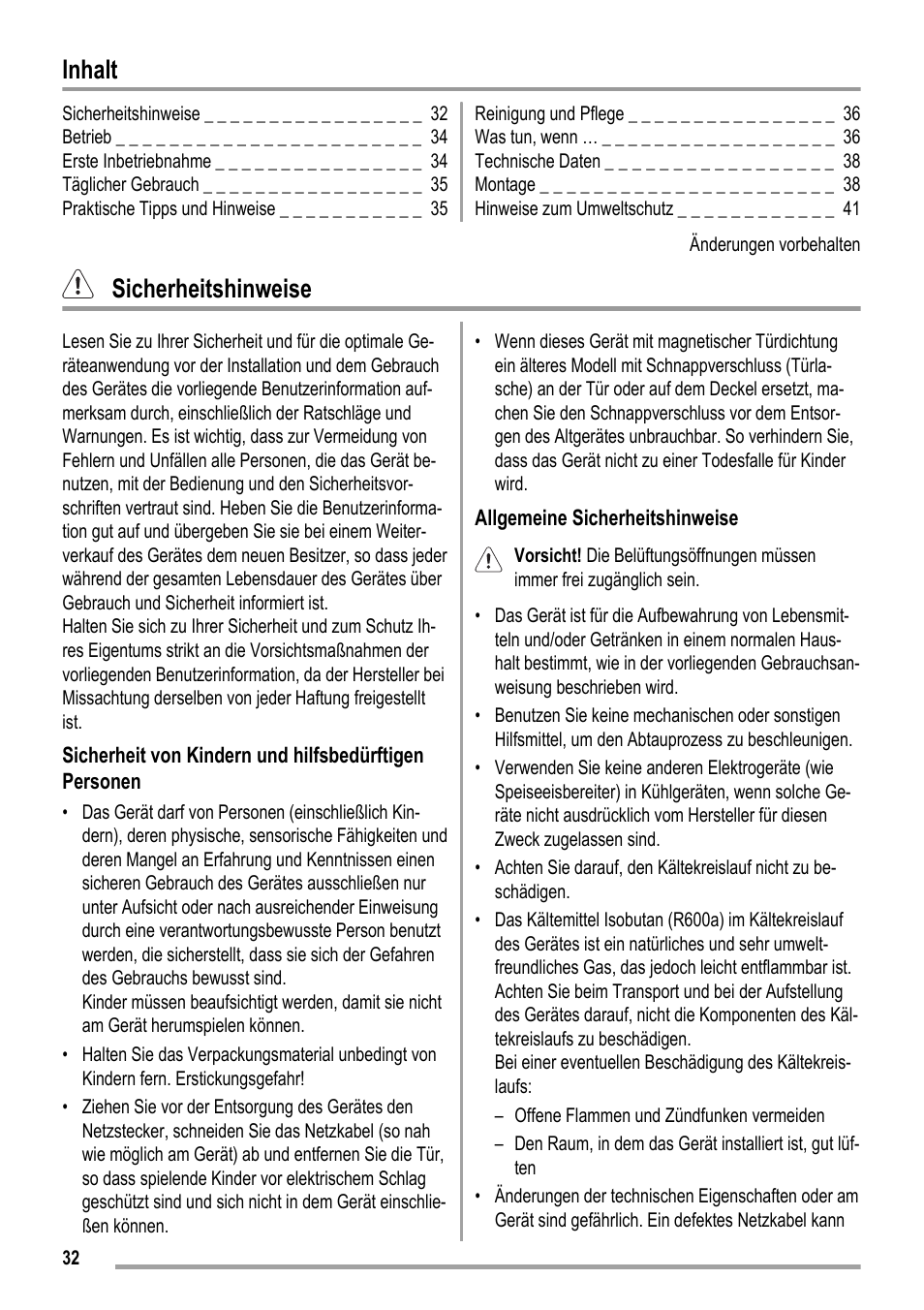 Inhalt, Sicherheitshinweise | ZANKER ZKK 8023 User Manual | Page 32 / 44