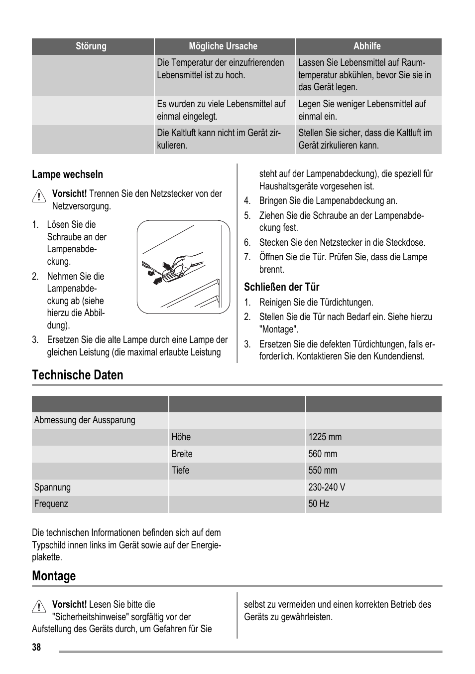 Technische daten, Montage | ZANKER ZKK 8023 User Manual | Page 38 / 44