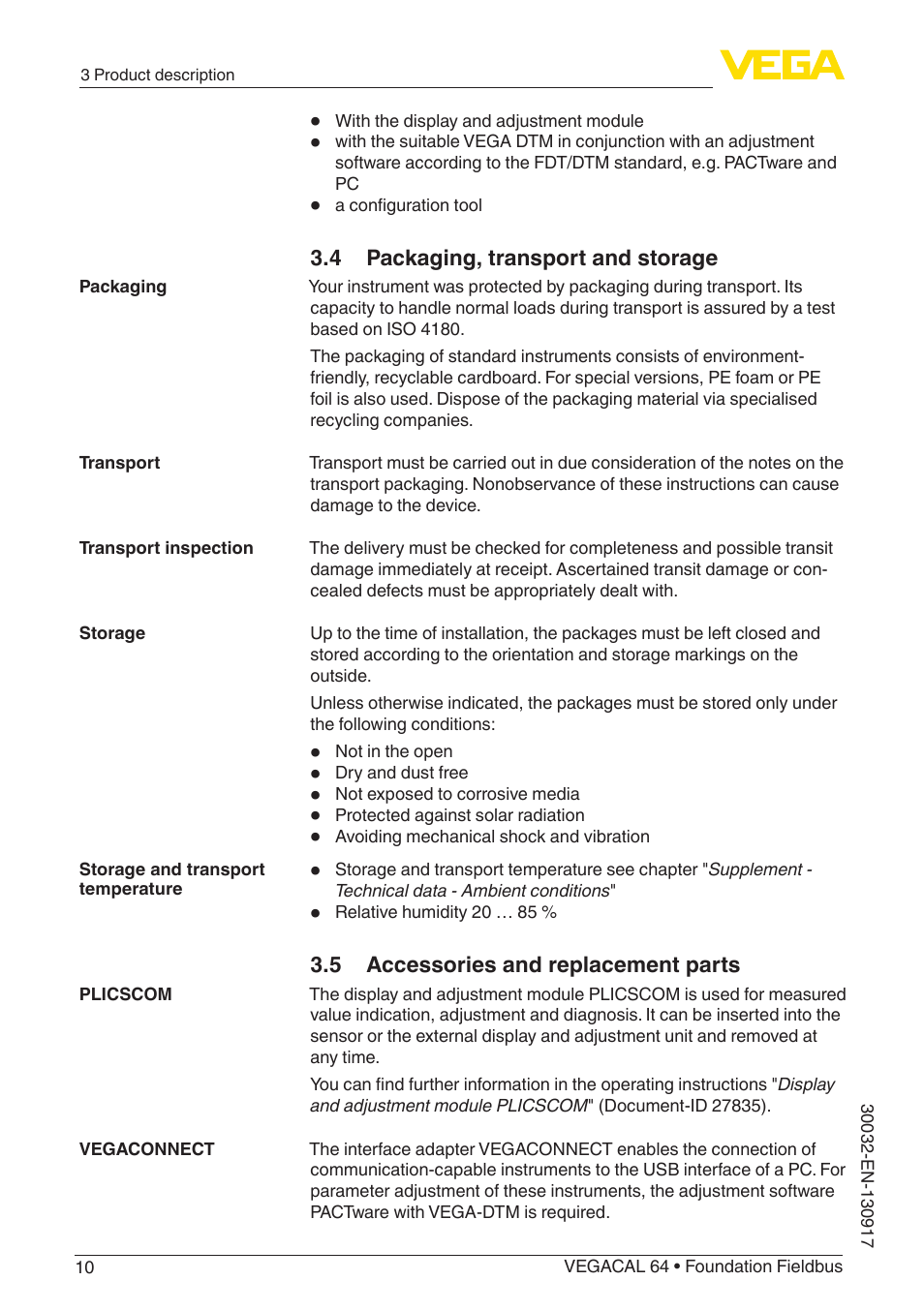 4 packaging, transport and storage, 5 accessories and replacement parts | VEGA VEGACAL 64 Foundation Fieldbus User Manual | Page 10 / 48