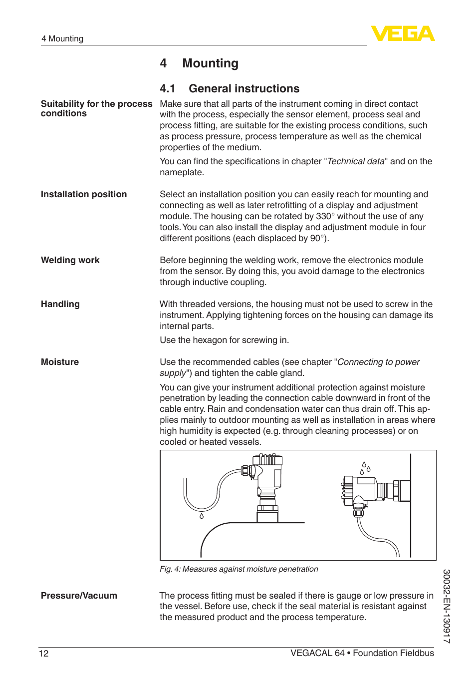 4 mounting, 1 general instructions | VEGA VEGACAL 64 Foundation Fieldbus User Manual | Page 12 / 48