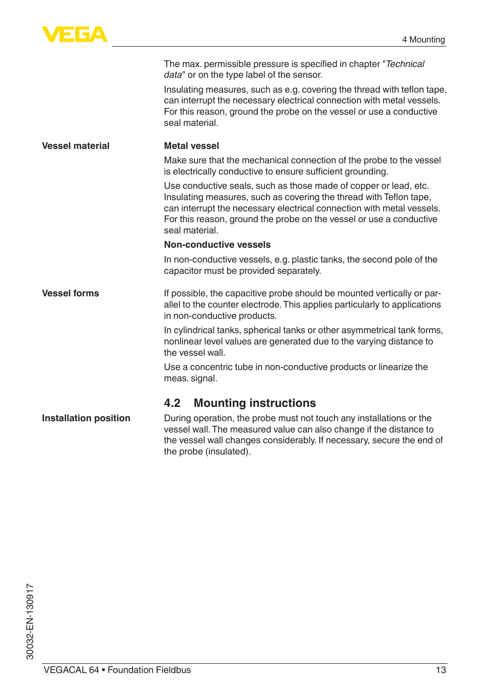 2 mounting instructions | VEGA VEGACAL 64 Foundation Fieldbus User Manual | Page 13 / 48