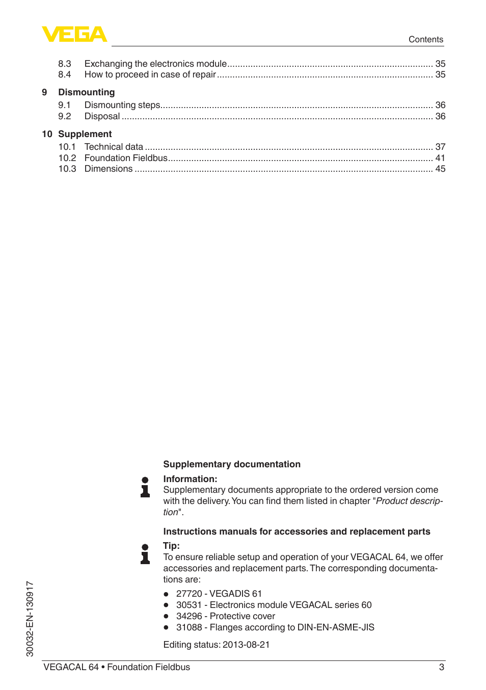 VEGA VEGACAL 64 Foundation Fieldbus User Manual | Page 3 / 48
