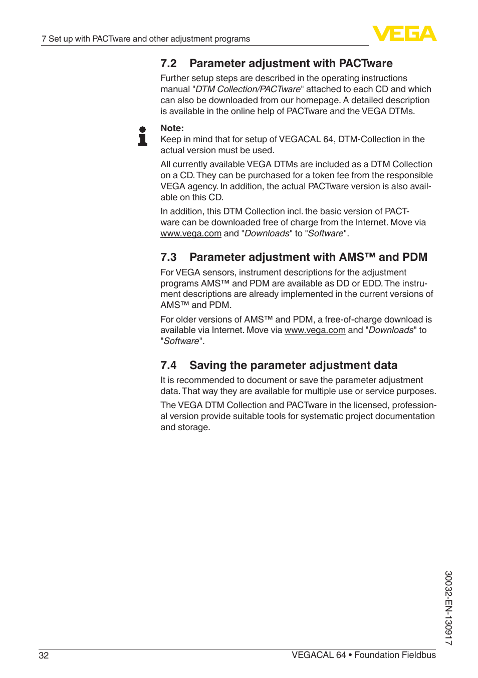 2 parameter adjustment with pactware, 4 saving the parameter adjustment data, 3 parameter adjustment with ams™ and pdm | VEGA VEGACAL 64 Foundation Fieldbus User Manual | Page 32 / 48