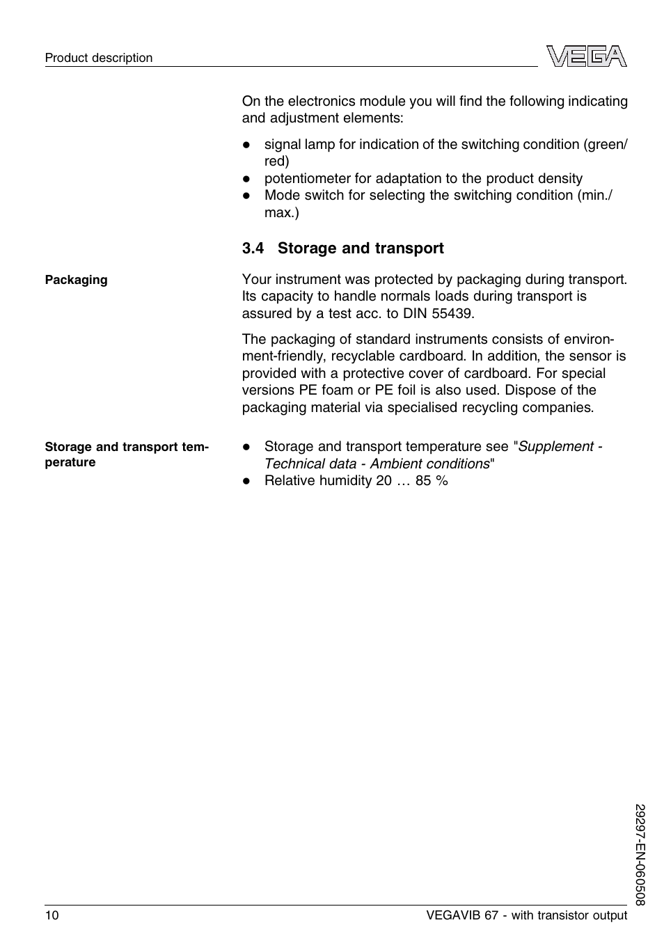 4 storage and transport | VEGA VEGAVIB 67 - transistor output User Manual | Page 10 / 40