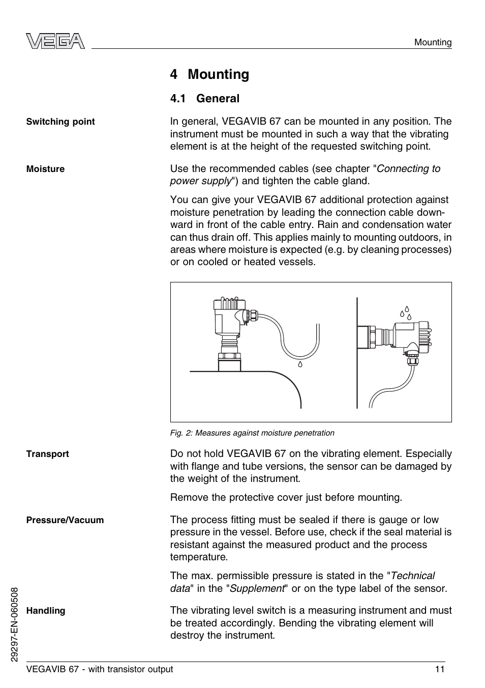 4 mounting, 1 general | VEGA VEGAVIB 67 - transistor output User Manual | Page 11 / 40