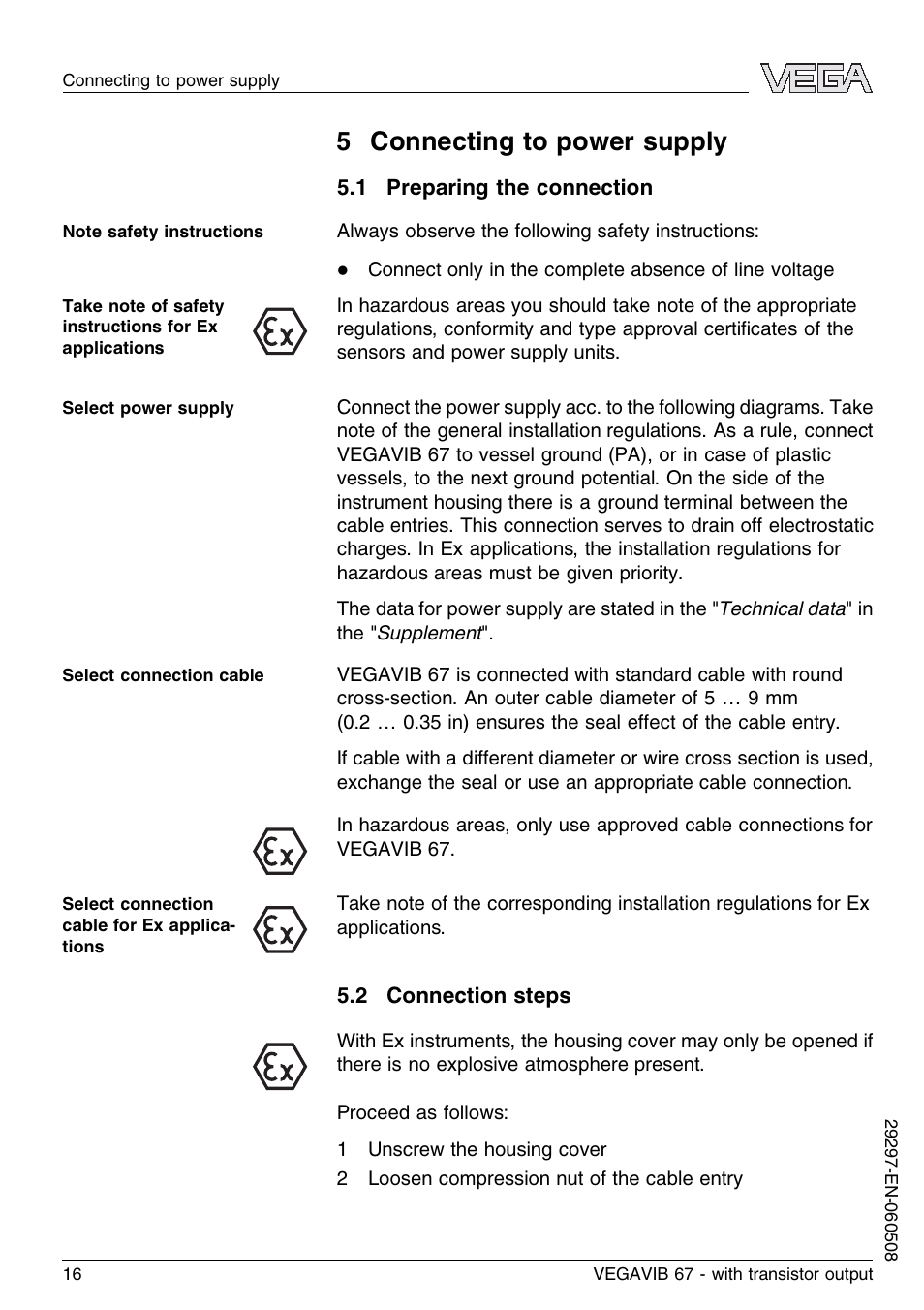 5 connecting to power supply, 1 preparing the connection, 2 connection steps | VEGA VEGAVIB 67 - transistor output User Manual | Page 16 / 40