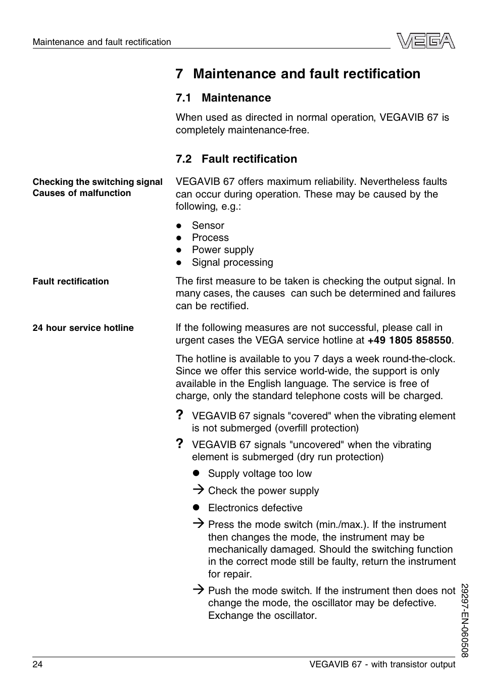 7 maintenance and fault rectification, 1 maintenance, 2 fault rectification | 7 maintenance and fault rectiﬁcation | VEGA VEGAVIB 67 - transistor output User Manual | Page 24 / 40