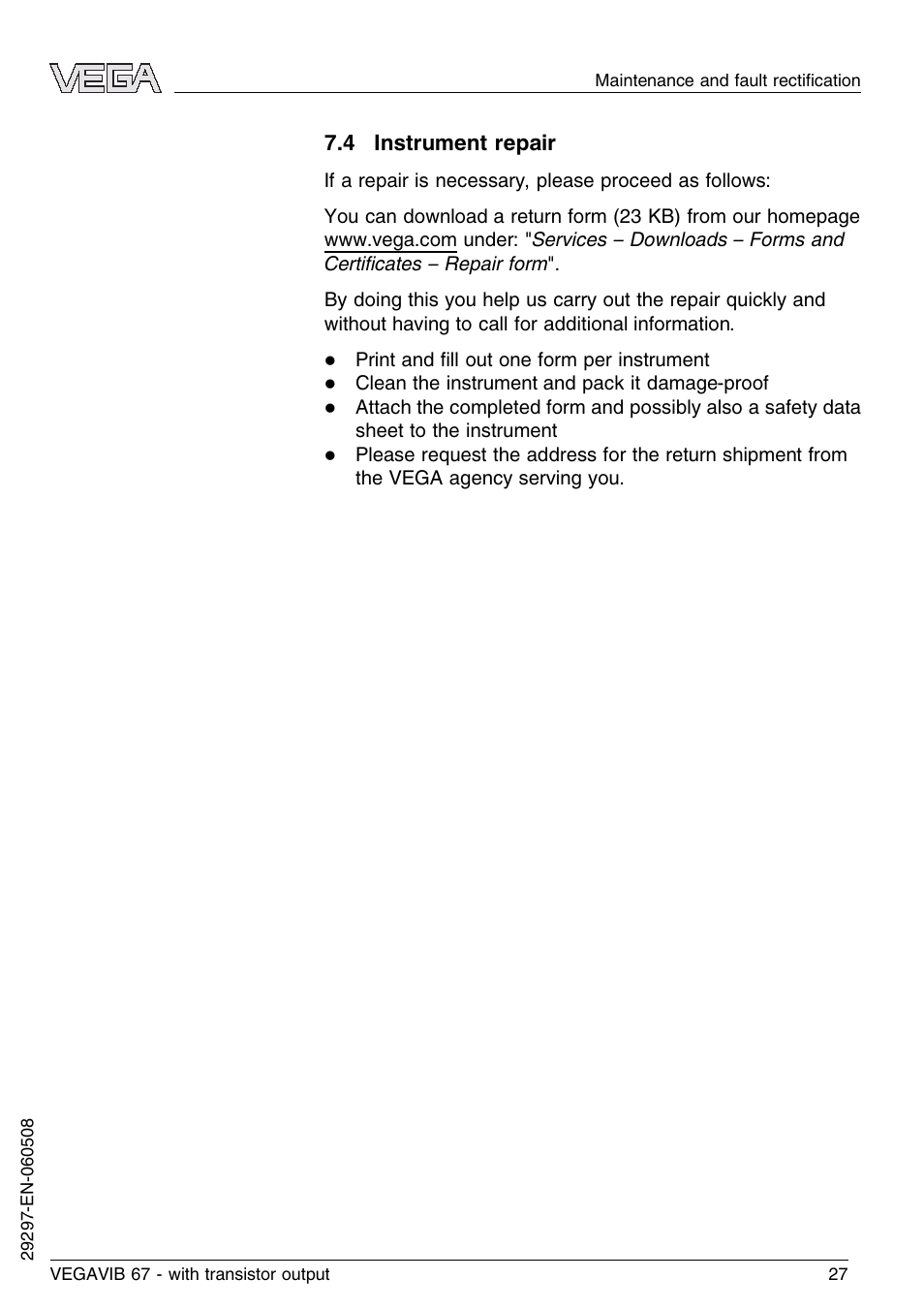 4 instrument repair | VEGA VEGAVIB 67 - transistor output User Manual | Page 27 / 40