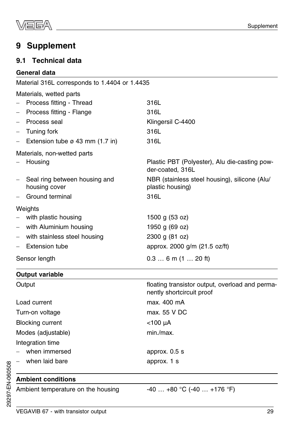 9 supplement, 1 technical data | VEGA VEGAVIB 67 - transistor output User Manual | Page 29 / 40