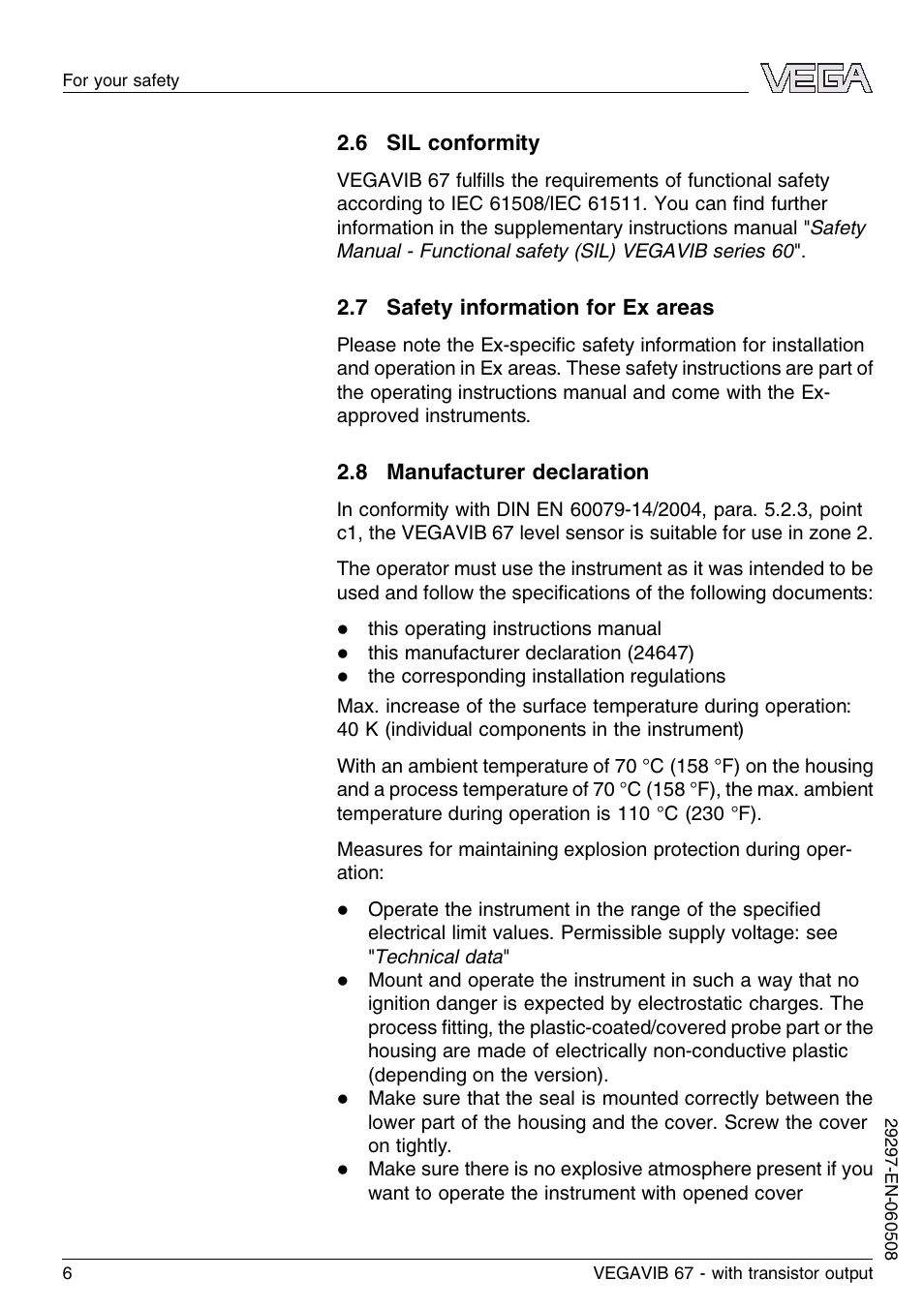 6 sil conformity, 7 safety information for ex areas, 8 manufacturer declaration | VEGA VEGAVIB 67 - transistor output User Manual | Page 6 / 40