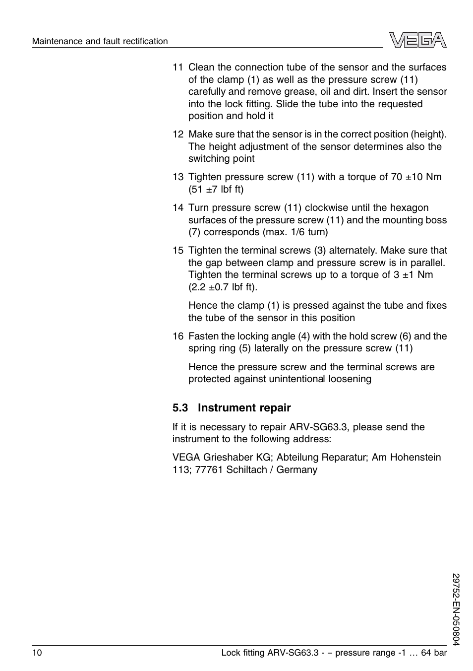 3 instrument repair | VEGA VEGASWING 63 Lock ﬁtting ARV-SG63.3 – pressure range: -1…64 bar User Manual | Page 10 / 16