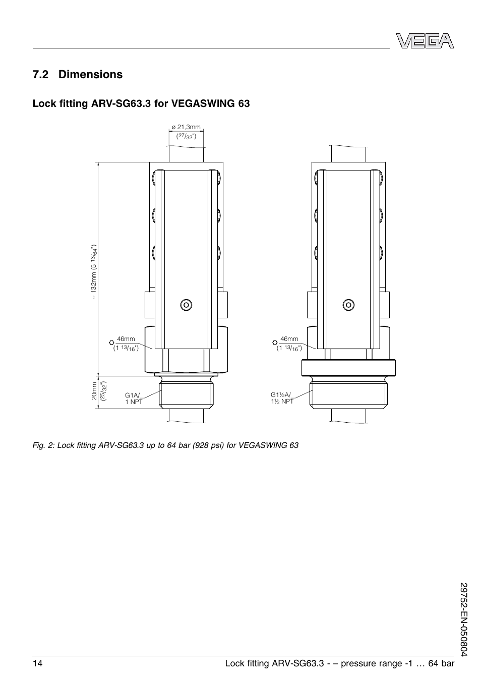 2 dimensions | VEGA VEGASWING 63 Lock ﬁtting ARV-SG63.3 – pressure range: -1…64 bar User Manual | Page 14 / 16