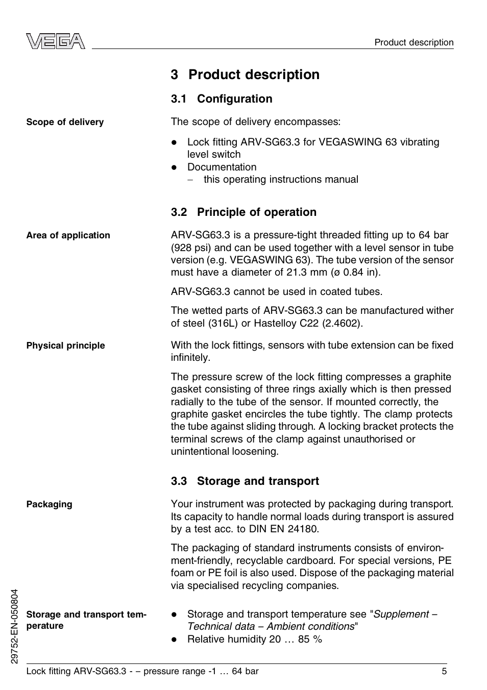 3 product description, 1 configuration, 2 principle of operation | 3 storage and transport | VEGA VEGASWING 63 Lock ﬁtting ARV-SG63.3 – pressure range: -1…64 bar User Manual | Page 5 / 16