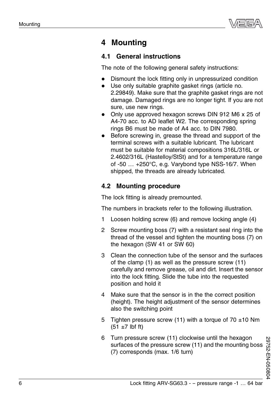 4 mounting, 1 general instructions, 2 mounting procedure | VEGA VEGASWING 63 Lock ﬁtting ARV-SG63.3 – pressure range: -1…64 bar User Manual | Page 6 / 16